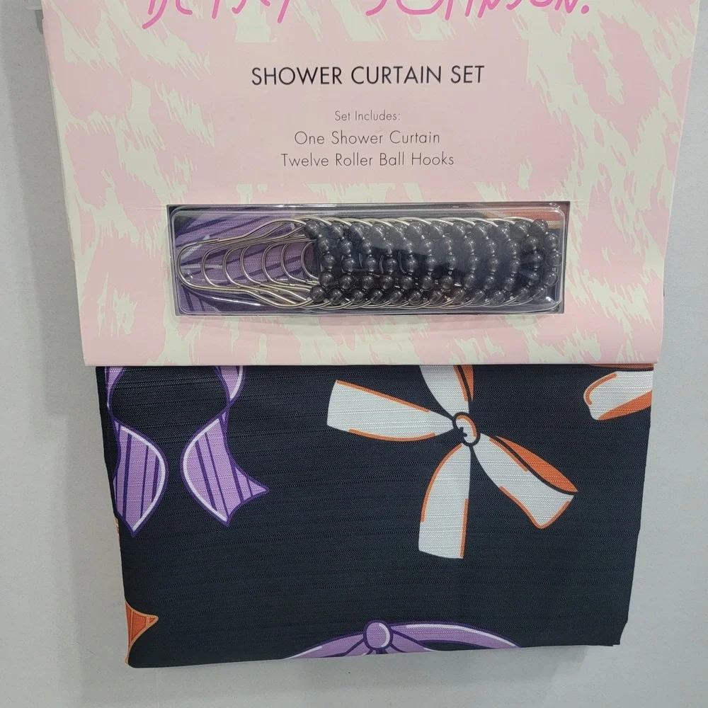 NEW Betsey Johnson Fabric SHOWER CURTAIN Wit HOOKS 72x72 Black Colorful Bows AOP